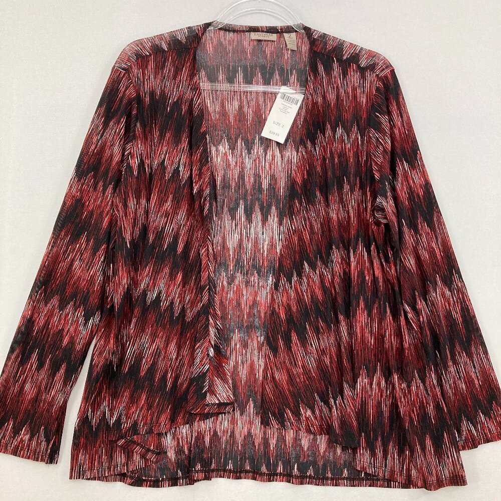 New Chico's sz Large/2 Red Black Chevron Open Front Lightweight Knit‎ Cardigan